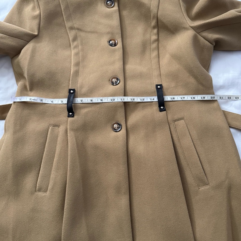 Khaki single breasted lapel collar A-line pleated flare belted pea coat - Picture 10 of 12